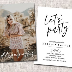 May include: Two-sided invitation with a photo of a smiling person in a checkered dress and the words "addison parker" in cursive. The other side reads "Let's party" and event details.
