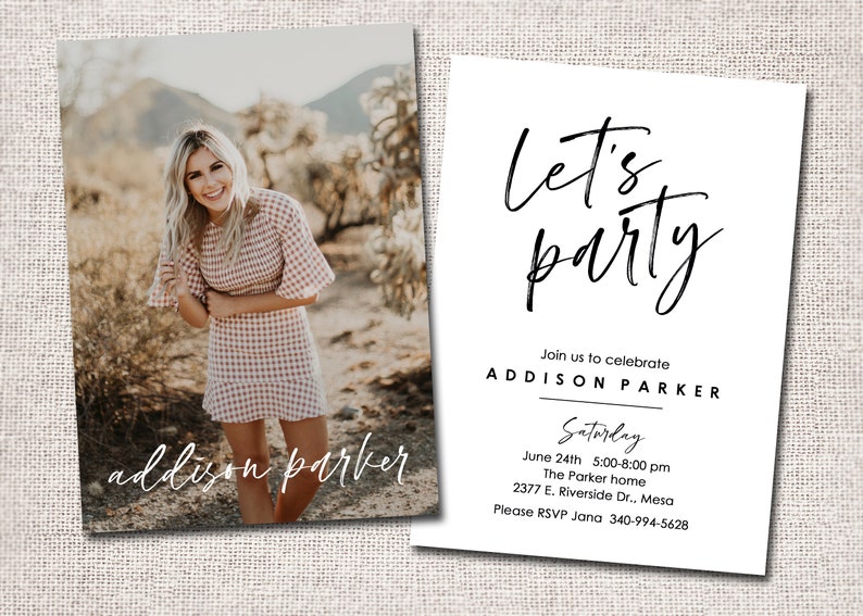 May include: Two-sided invitation with a photo of a smiling person in a checkered dress and the words "addison parker" in cursive. The other side reads "Let's party" and event details.