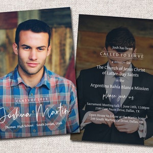 May include: Two invitation cards. The left card features a young man in a plaid shirt with the text "CLASS OF 2023" and "Joshua Martin". The right card has the text "Josh has been CALLED TO SERVE" and details for a church mission.
