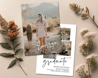 May include: Graduation announcement with a photo of a person in a desert setting. The announcement includes the name "Emersyn Jane Wilson" and the text "graduate".