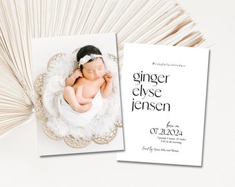 Birth announcement card with photo | Custom, modern baby boy, baby girl digital birth announcement with picture | Printable | Ginger