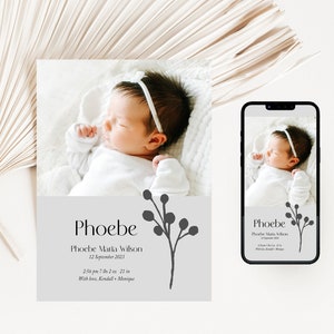 Faire-part de naissance avec photo | Faire-part de naissance numérique personnalisé et moderne pour bébé garçon, fille | Imprimable | Texte |  Phoebe