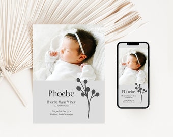 Birth announcement card with photo | Custom, modern baby boy, baby girl digital birth announcement with picture | Printable | Text |  Phoebe