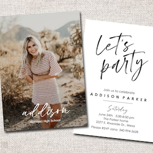 May include: Two-sided invitation with a photo of a smiling woman in a checkered dress and the text "addison" and "Richfield High School." The other side reads "Let's party" with event details: date, time, location, and RSVP information.