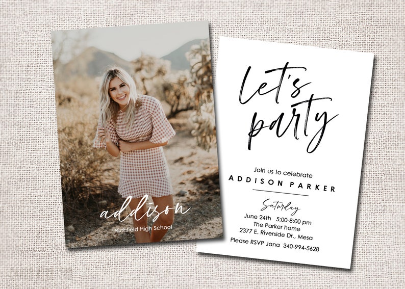 May include: Two-sided invitation with a photo of a smiling woman in a checkered dress and the text "addison" and "Richfield High School." The other side reads "Let's party" with event details: date, time, location, and RSVP information.