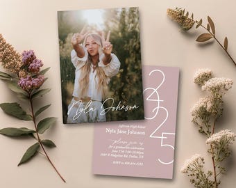 May include: A graduation invitation with a pink background and white text. The invitation features a photo of a young woman with long blonde hair, wearing a white shirt and a peace sign. The text reads "Nyla Jane Johnson" and includes details about the graduation celebration.