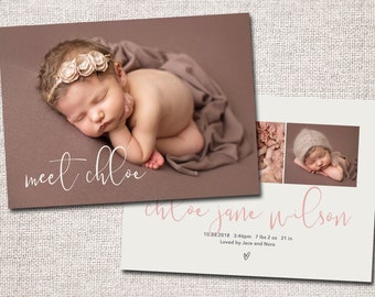 Birth announcement photo card, photo birth announcement, birth announcement, girl, boy, birth announcement, modern, PRINTABLE  |  Meet Chloe