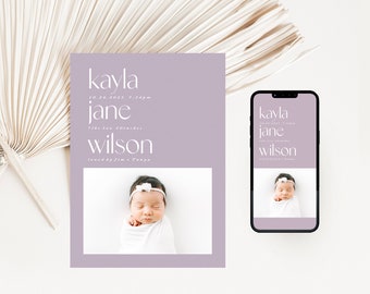 Birth announcement card with photo | Custom, modern baby boy, baby girl digital birth announcement with picture | Printable | Text |  Kayla