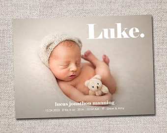 Birth announcement photo card, photo birth announcement, birth announcement, girl, boy, birth announcement, modern, PRINTABLE | Luke