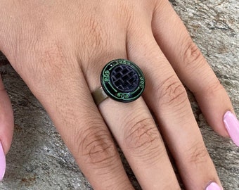 Ring - Antique glass button repurposed into jewelry. Stamped black glass with enamel color design. Adjustable