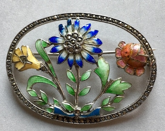 Sterling silver & enamel brooch with marcasites - enameled flowers