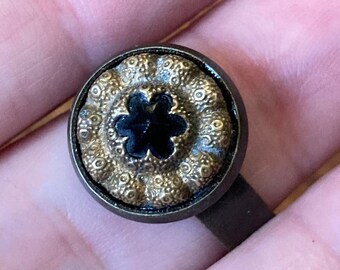 Ring - Antique Victorian era  button repurposed into jewelry - stamped brass with facetted black glass center - 120+ years old - adjustable