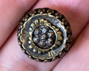 Ring - Antique Victorian era Button with stamped and etched brass with cut steel center repurposed into jewelry - adjustable ring base