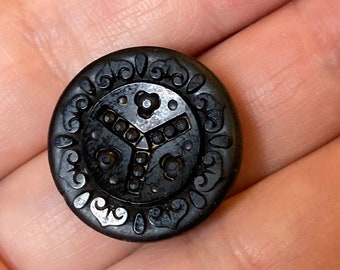Ring - Antique Edwardian era black glass button repurposed into jewelry - adjustable ring base