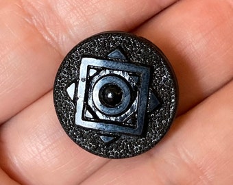 Ring - Antique Victorian / Edwardian era button repurposed into jewelry - Pressed black glass button w/geometric design - eight pointed star