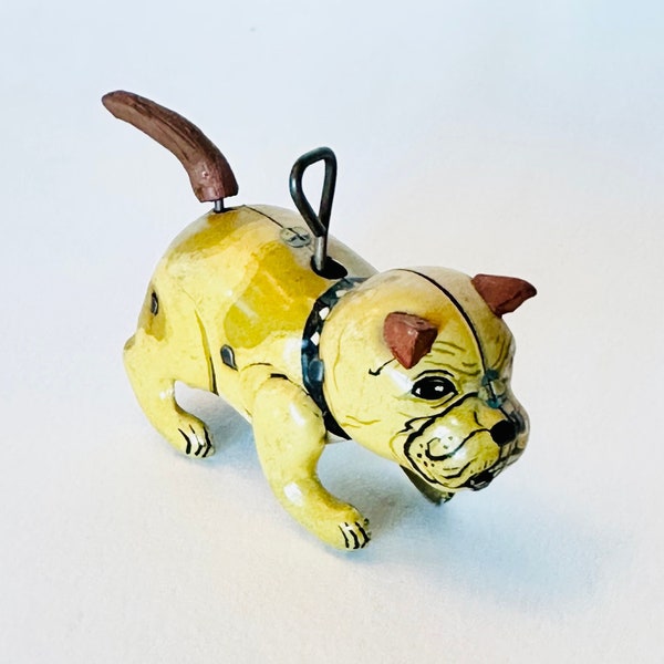 Uncommon Vintage Mid-Century Wind-up Bulldog Tin Toy w/ Wagging Tail - Japan - Old Tin Litho - Works great - just missing red shoe in mouth