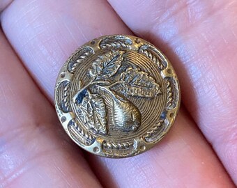 Ring - Antique Victorian era button repurposed into jewelry. Stamped brass relief of a pear - adjustable ring base