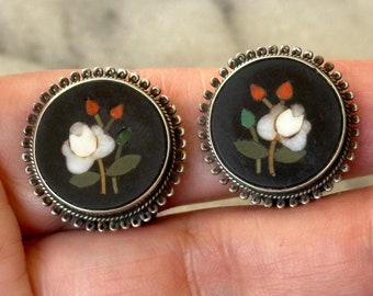 Vintage Italian Pietra Dura Floral Earring set in 800 silver - clip earrings, inlaid stone flowers - round with looped border