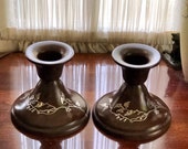 Pair of Heintz Bronze Sterling Candlesticks in near perfect condition - dark brown patina w floral overlay - shape 3128 berries n leaves