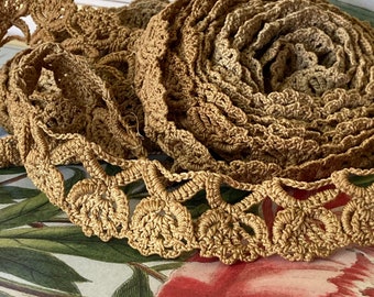 Vintage hand crochet lace trim - peony flower with leaves - tan / beige / brown Good for your project - millinery, pillow, edging, clothes