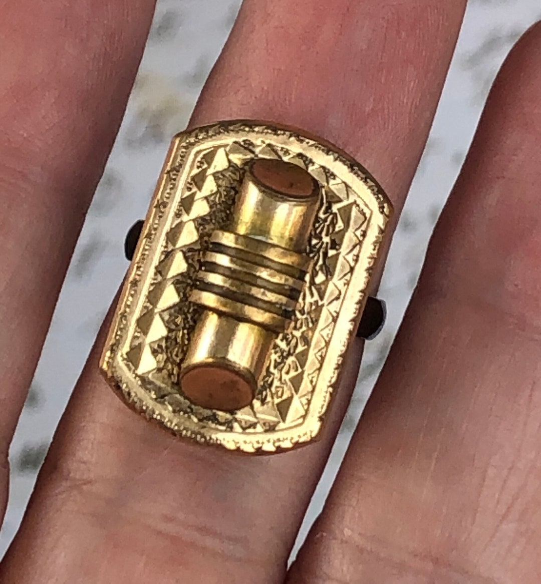 Gold Ring Antique Victorian Era Cufflink Repurposed Into Jewelry Etched