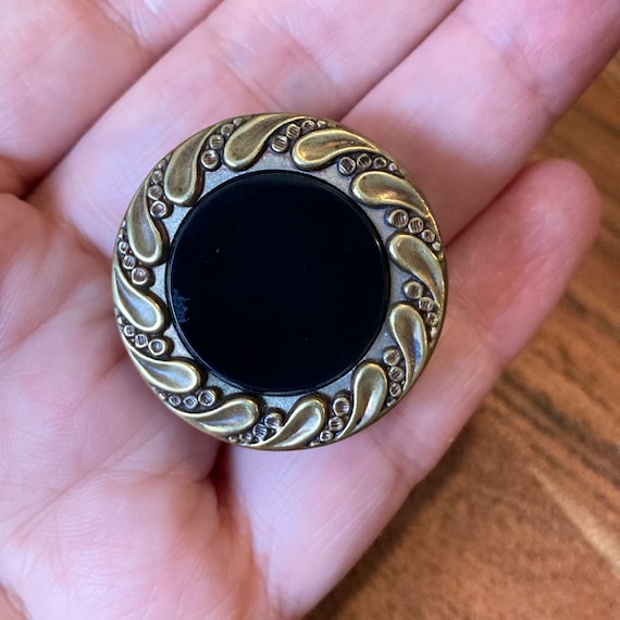 Ring - Antique Button of black glass w/stamped br… - image 1