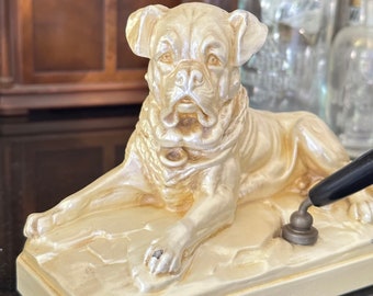 Mastiff Dog pen holder Mid Century - Uncommon House of David pearl finish chalkware featuring a very detailed laying dog w/intact pen holder