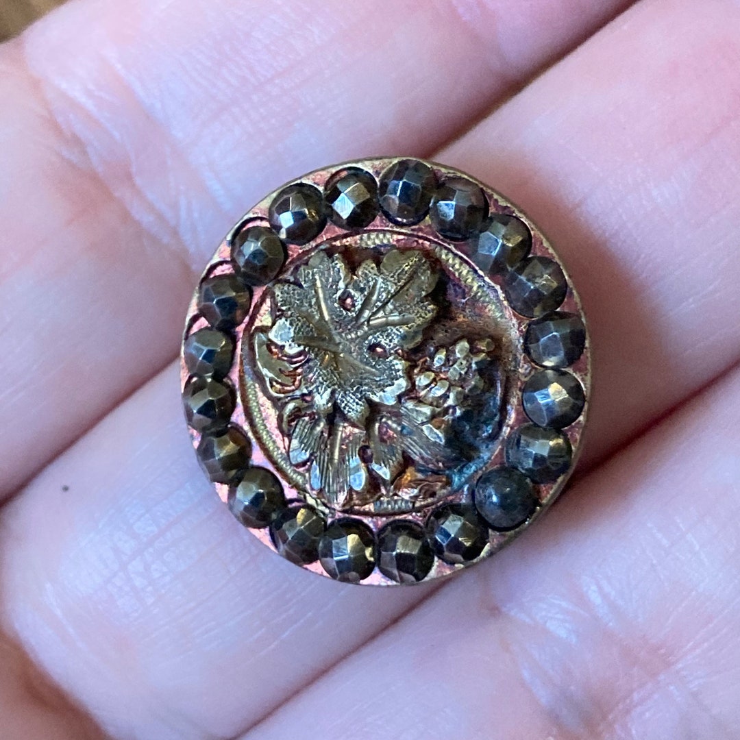 Ring Antique Victorian Era Button With Cut Steel Border & Brass Leaf