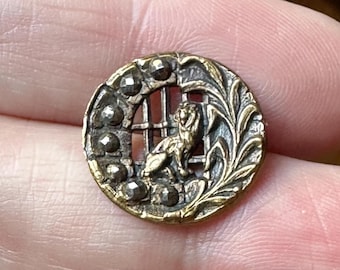 Antique Victorian Era Button - "The Lion's Den" - small uncommon button - pierced brass with cut steel accents featuring a lion in a cage