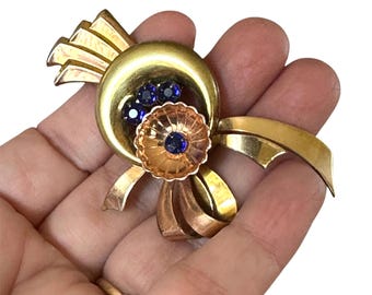Vintage Art Deco Brooch with deep blue stones and Rose Gold tone - Possibly unmarked Harry Iskin