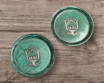 Vintage Wilhelm Kåge ARGENTA Jade Green mini dish with floral silverwork   - Gustavsberg Made in Sweden
