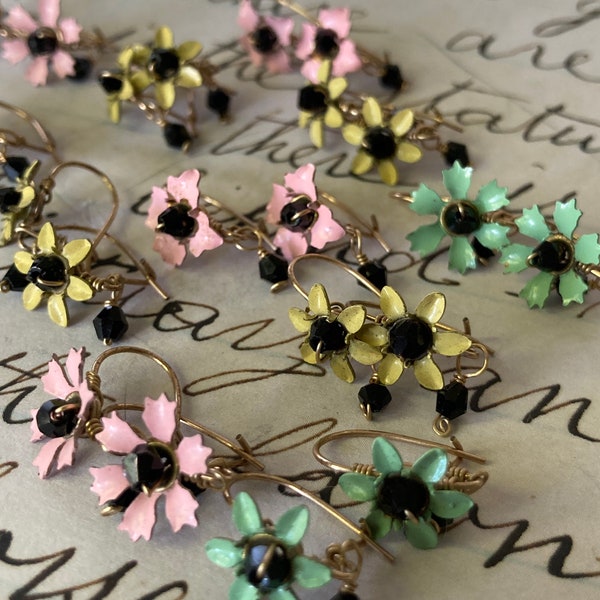 Tiny vintage enamel and metal flower earrings in pink, green or yellow with black bead center and drops