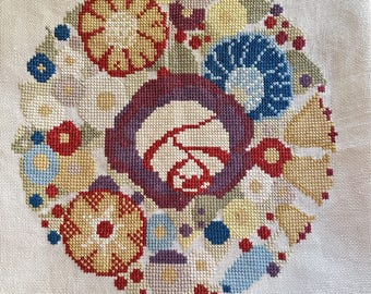 Art Deco Style Cross Stitch on a loose weave fabric - probably circa 1960s - colors are muted tones of mustard, aubergine, cornflower blue