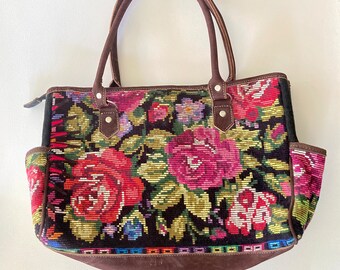 Leather & Textile Purse - Vintage Huipil Weaving of Roses with brown leather handbag