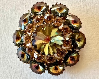 Rivoli 3 tier domed Crystal Brooch / Pin - likely Juliana D&E unbranded - brown, amber, green, rose gold, yellow tones - 1-3/4" in diameter