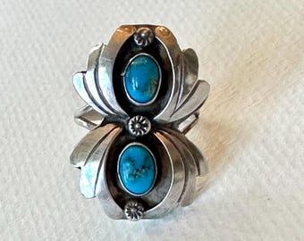 Vintage Double Turquoise and Sterling Silver Ring with Applied Designs - Native American / Southwestern 4 grams