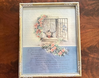 Friendship Poem - early 1900s - Cottage Core - Antique frame w/lovely poem for friend or family - open window w/flowers & checkered drapes
