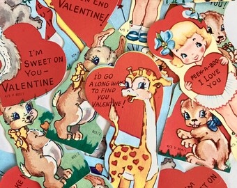 Set of 3 cards Vintage 1950s New / Old Stock - Kids Die cut Valentines Day Card - Giraffe, gopher, skunk, dog, girl Never used