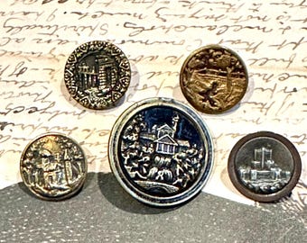 Choice of 5 Antique Victorian Picture Buttons - Architectural - stamped brass. Alpine house, turret, ruins, bridge, castle