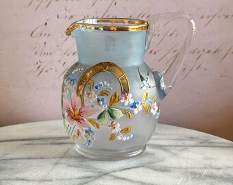 Vintage Hand Blown Frosted Blue Glass Pitcher with Triangular handle and gold luster with enameled flowers - great condition