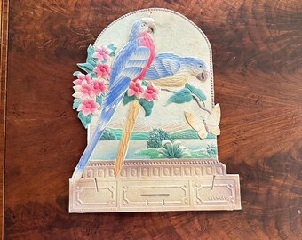 Embossed Paper Die Cut Calendar Base - Stamped Germany - Two Parrots near a lake with a butterfly