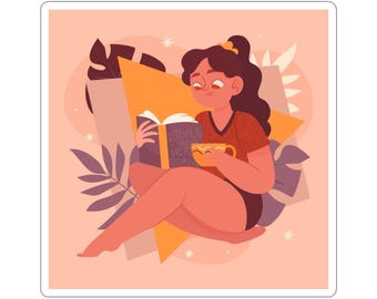 Stickers fille lisant un rat de bibliothèque, Stickers amateur de littérature, Sticker bibliophile confortable pour ordinateur portable