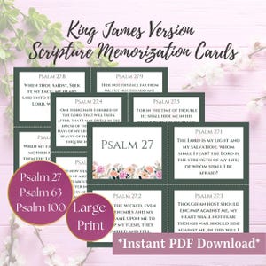 May include: A set of printable scripture memorization cards featuring verses from Psalm 27 in a green and floral design. The cards are labeled with the verse number and the text of the verse. The text "Instant PDF Download" is at the bottom of the image.