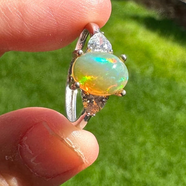 Natural Ethiopian Opal Ring, 925 Sterling Silver, October Birthstone, Adjustable Band