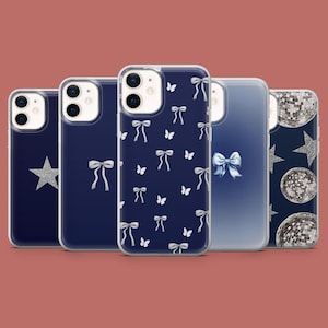 Navy Blue Phone Case Dark Bows Disco Ball Cover for iPhone 17, 16 Pro, 15, 14, 13, 12, Samsung S26, S25, S24, S23, S22, A17, Pixel 10A, 9A