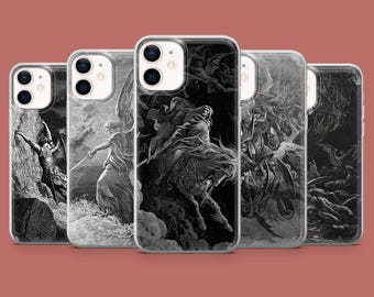 May include: A collection of five phone cases featuring black and white illustrations. The artwork depicts scenes of angels, figures, and dramatic landscapes. The cases are displayed against a muted red-brown background.