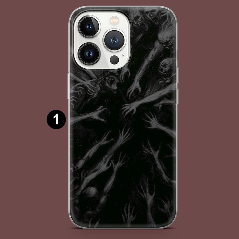 Pode incluir: Capa de telefone preta e branca com um gr&aacute;fico de muitas m&atilde;os que se estendem da escurid&atilde;o.