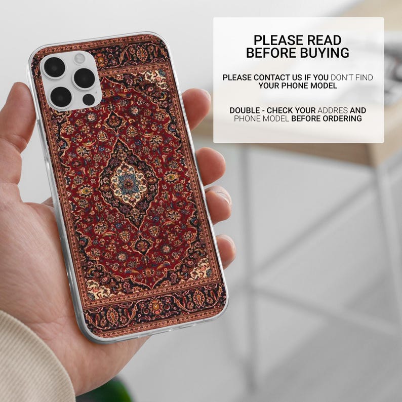 May include: A clear phone case with a red, blue, and white patterned design that resembles a rug. The case is designed for an iPhone.
