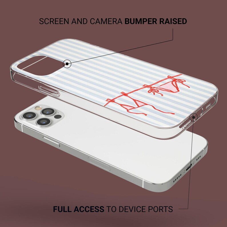 May include: A clear phone case with a blue and white striped pattern and a red bikini design. The case is shown on top of a white phone. The text "SCREEN AND CAMERA BUMPER RAISED" and "FULL ACCESS TO DEVICE PORTS" are visible.