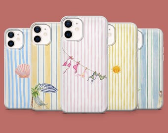 ストライプ柄 スマホケース ビーチ風 サマーバイブスカバー iPhone 17、16 Pro、15、14、13、12、Samsung S26、S25、S24、S23、S22、A17、Pixel 10A、10、9A 対応